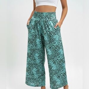 Teal Zebra Print Wide-Leg Pants
